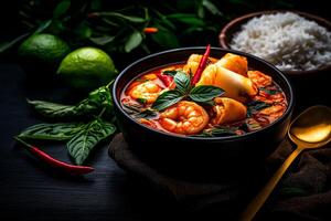 vibrant bowl of spicy shrimp soup with fresh herbs, served alongside rice and garnished with lime. rich colors and textures evoke sense of warmth and flavor photo