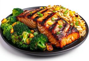 Grilled salmon fillet served with broccoli and long grain rice, garnished with corn and green onions, creating colorful and healthy meal photo