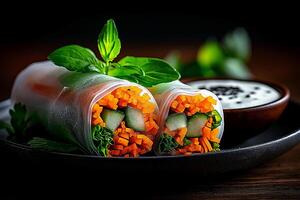 Fresh spring rolls filled with vibrant vegetables and herbs, served with creamy dip. healthy and colorful dish perfect for any occasion photo