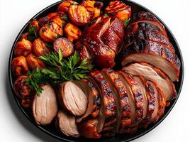 Sliced grilled chicken served on platter with roasted vegetables and herbs, showcasing delicious and appetizing meal. Perfect for gatherings and celebrations photo