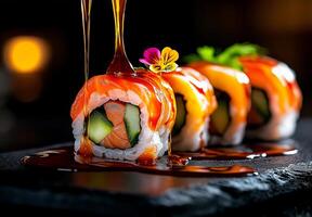 Sushi rolls with salmon, avocado, and cucumber drizzled with sauce, garnished with flowers. delicious and visually appealing dish perfect for food lovers photo