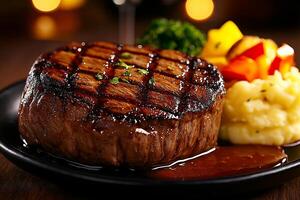 perfectly grilled filet mignon served with creamy mashed potatoes, vibrant vegetables, and rich sauce, creating delightful dining experience photo