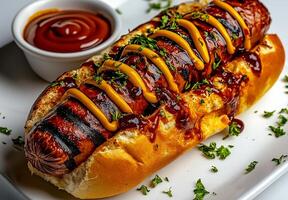 Delicious hot dog topped with ketchup and mustard, garnished with herbs, served on bun with side of sauce. Perfect for summer barbecue or casual meal photo