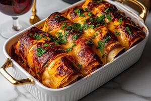Delicious enchilada casserole topped with melted cheese and fresh herbs, served in white rectangular dish. Perfect for gatherings and family meals photo