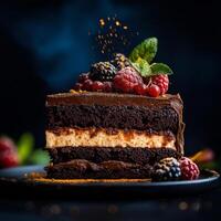 decadent slice of chocolate cake layered with creamy filling and topped with fresh berries, showcasing rich and indulgent dessert experience photo