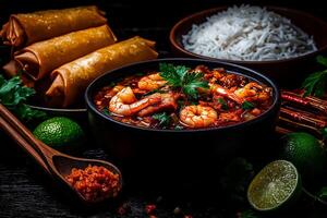 vibrant bowl of Tom Yum soup with shrimp, served alongside rice and spring rolls, garnished with fresh herbs and lime, creating delightful culinary experience photo