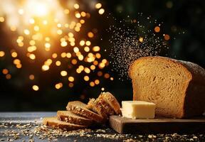 Freshly baked loaf of bread with sliced pieces and butter on wooden board, surrounded by warm, glowing background. scene evokes cozy and inviting atmosphere photo
