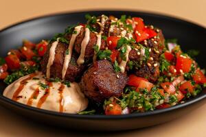 Delicious falafel served with fresh tabbouleh and drizzled with tahini sauce, garnished with tomatoes and herbs, creating vibrant and flavorful dish photo