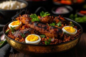 Delicious chicken biryani with hardboiled eggs, garnished with fresh herbs, served in traditional bowl. vibrant colors and aromatic spices create mouthwatering dish photo
