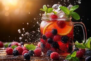 Refreshing fruit punch with berries, ice cubes, and mint leaves in glass, creating vibrant and inviting atmosphere. Perfect for summer gatherings and celebrations photo