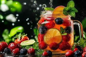 Refreshing fruit punch with berries, mint, and citrus in glass. vibrant colors and bubbles create lively atmosphere, perfect for summer gatherings photo