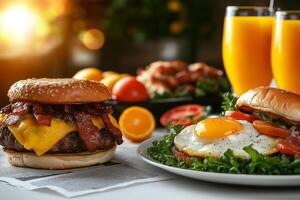 Delicious burger with cheese and bacon, alongside sunny side up egg, fresh vegetables, and orange juice. vibrant and appetizing breakfast spread photo