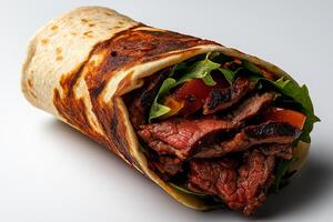 Delicious beef wrap filled with fresh vegetables, showcasing crispy tortilla. Perfect for satisfying meal or snack, this dish is both flavorful and visually appealing photo