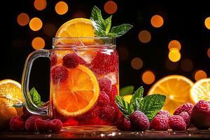 Refreshing fruit punch with raspberries, oranges, and mint leaves, served in glass with ice cubes. vibrant colors and bokeh background create festive atmosphere photo