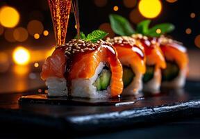 Sushi rolls with salmon, avocado, and cucumber drizzled with sauce, garnished with mint and sesame seeds, create delightful culinary experience photo