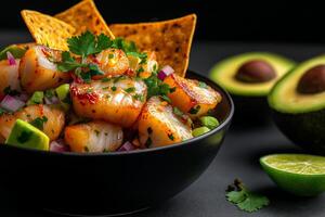 Delight in vibrant bowl of ceviche featuring fresh seafood, avocado, and crispy tortilla chips, garnished with cilantro and lime for refreshing taste experience photo