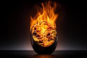 delicious burrito cut in half showcases colorful ingredients and flames, creating visually striking and appetizing scene. vibrant colors and fiery presentation evoke excitement and hunger photo