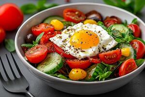 Fresh salad with tomatoes, cucumbers, and fried egg, garnished with herbs photo