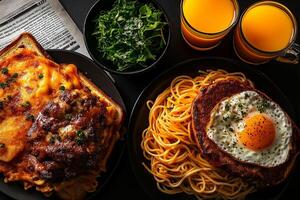 Delicious flat lay of various dishes including pasta, meatloaf, and salad, complemented by refreshing drinks. Perfect for hearty meal or gathering photo