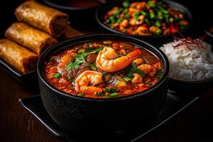 Delicious Tom Yum soup with shrimp, served with rice, spring rolls, and vegetables, creating vibrant and flavorful meal experience photo