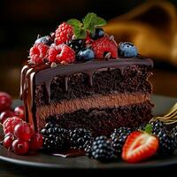 delicious slice of chocolate cake topped with fresh berries, including raspberries, blueberries, and strawberries, drizzled with rich chocolate sauce. This dessert is perfect for any celebration photo