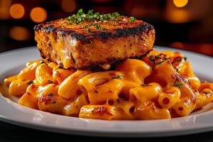 Delicious macaroni and cheese topped with grilled patty, garnished with herbs, served on white plate. warm, inviting colors create cozy atmosphere photo