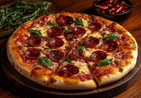 Delicious pizza topped with cheese, pepperoni and fresh basil, served on wooden board. vibrant colors and textures create appetizing presentation photo