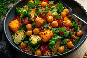 vibrant bulgur salad featuring chickpeas, vegetables, and fresh herbs, garnished with spices. This nutritious dish is perfect for healthy meal or side photo