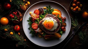 delicious hamburger topped with fried egg, served on bed of fresh greens and colorful vegetables, creating vibrant and appetizing meal photo