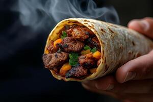 Hand holding large fajita filled with grilled meat and vegetables, emitting smoke. vibrant colors and textures create appetizing scene photo
