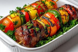 Grilled meat and vegetable skewers arranged beautifully on platter, garnished with fresh herbs. Perfect for summer barbecues and gatherings, showcasing vibrant colors and appetizing presentation photo