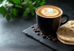 rich cappuccino with latte art beside flatbread and coffee beans, set against dark background with greenery, creating cozy atmosphere photo