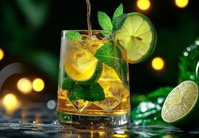 refreshing yellow mojito cocktail garnished with mint leaves and lime slices, served in glass with ice. vibrant colors and bokeh background create lively atmosphere photo