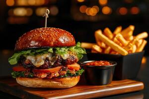 Gourmet burger with lettuce, tomato and cheese served with fries and sauce. This delicious meal is perfect for food lovers seeking satisfying experience photo