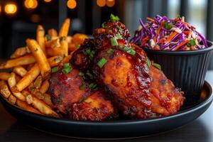 plate of hot and spicy fried chicken with coleslaw and sweet potato fries, garnished with green onions, creating delicious and appetizing meal photo