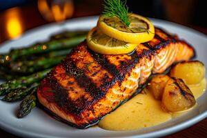 Grilled salmon fillet served with lemon slices, asparagus, and potatoes, creating delicious and vibrant meal. dish is beautifully plated, showcasing rich colors and textures photo