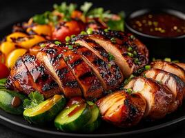 Sliced grilled chicken served with colorful vegetables and sauce, showcasing delicious and appetizing meal. Perfect for food lovers and culinary enthusiasts photo