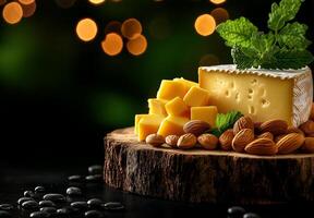wooden platter displays various types of cheese, nuts, and fresh mint, creating delightful and inviting arrangement perfect for gatherings photo