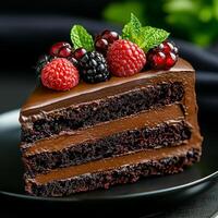 delicious slice of chocolate cake layered with rich frosting and topped with fresh berries, including raspberries, blackberries, and red currants, evokes sense of indulgence and delight photo