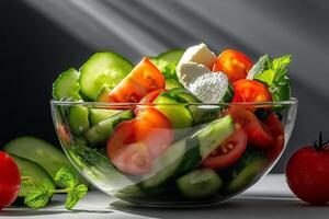 Fresh Greek salad with cucumbers, tomatoes, and feta cheese, garnished with mint leaves, showcasing vibrant colors and textures in glass bowl photo