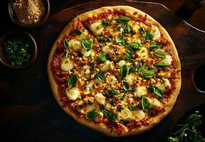 delicious Italian pizza topped with mozzarella, fresh herbs, and crunchy toppings, served on wooden board. Perfect for sharing and enjoying with friends photo