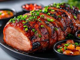 Sliced meat on platter garnished with green onions, served with sauces. This dish showcases delicious blend of flavors and textures, perfect for sharing photo