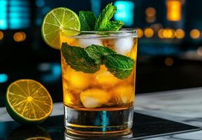 Refreshing highball glass filled with ice, mint leaves, and lime, set against blurred city background. drink exudes vibrant and inviting atmosphere photo