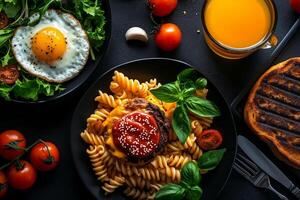 Delicious flat lay of various dishes including pasta, burger, salad, and fresh tomatoes, creating vibrant and appetizing meal presentation photo