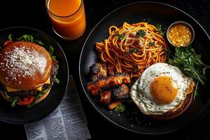 Delicious flat lay of burger, pasta, fried egg, and orange juice, showcasing variety of flavors and textures that create satisfying meal experience photo