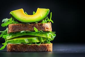 delicious stack of whole grain bread layered with fresh avocado slices and leafy greens, showcasing vibrant green color palette. This healthy sandwich is perfect for nutritious meal photo