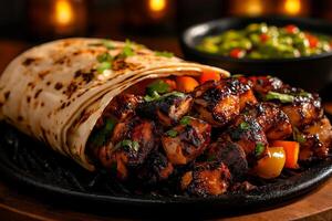 Delicious grilled chicken fajitas with peppers and onions wrapped in warm tortilla, served with side of fresh guacamole. perfect meal for any occasion photo