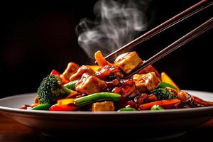 Delicious tofu and vegetables in hot oil sauce, served with chopsticks, creating steamy and appetizing scene photo