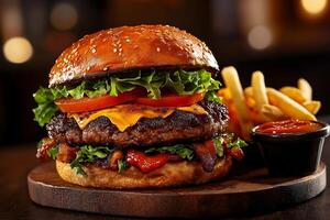 Juicy burger with lettuce, tomato, cheese, and bacon, served with fries and ketchup. delicious meal that satisfies cravings and delights senses photo