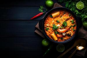 Delicious Tom Yum soup with shrimp, rice, and fresh herbs, garnished with lime and chili peppers, creating vibrant and flavorful dish photo